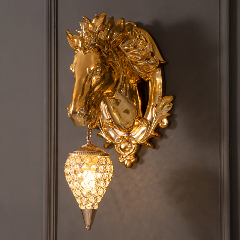 Brons Häst Vägglampa - Vintage Vägglampa med Kristallskugga