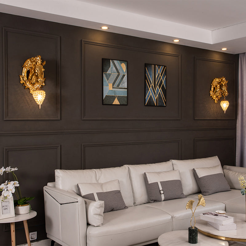 Brons Häst Vägglampa - Vintage Vägglampa med Kristallskugga