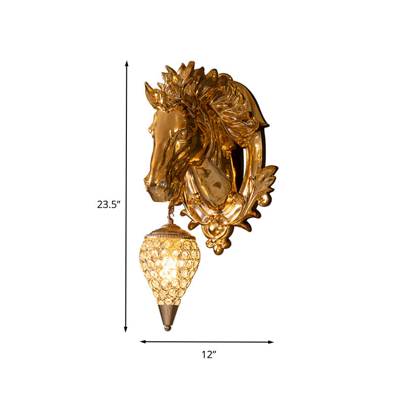 Brons Häst Vägglampa - Vintage Vägglampa med Kristallskugga
