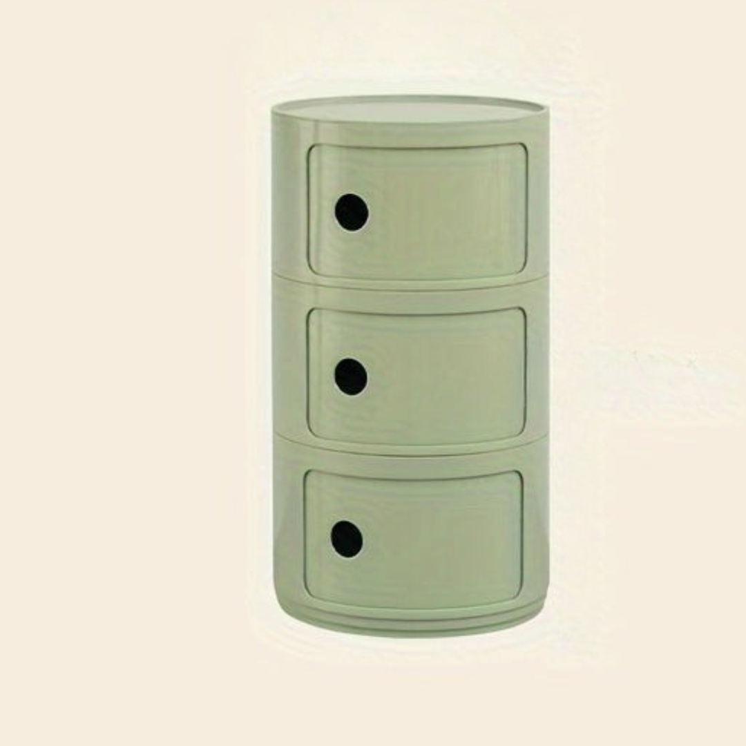 Sängbord med runda plastförvaringslådor