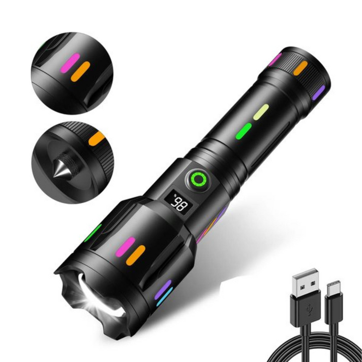 LED-ficklampa med strömdisplay – uppladdningsbar högpresterande ficklampa med glasbrytare och USB-C