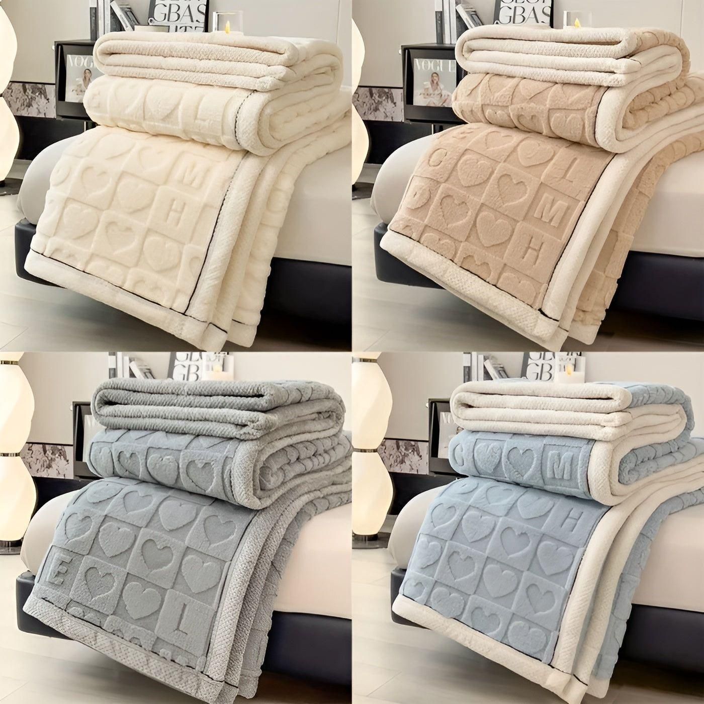 CozyJacquard Blanket - Ultra-mjukt korallfleecefilt med dubbelsidig hjärt- och bokstavsdesign