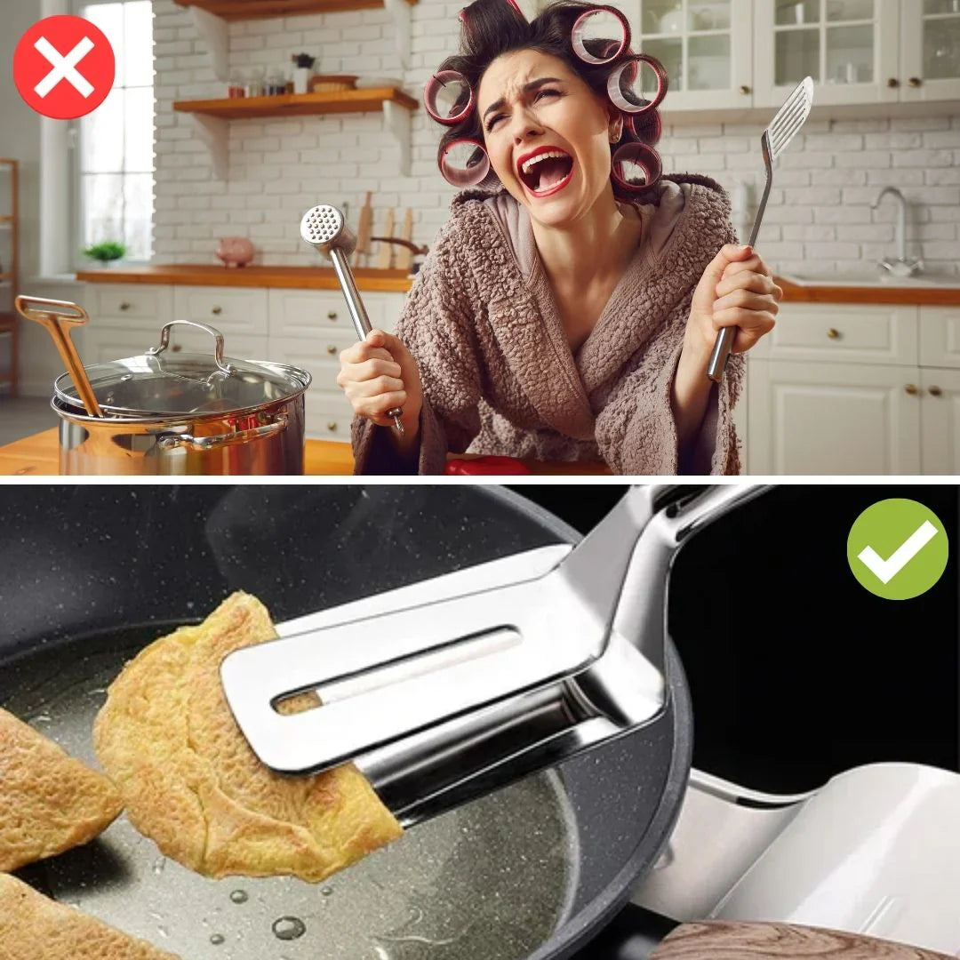 Dubbelsidig rostfri stålvändare med halkfritt handtag – Ideal för grillning och stekning