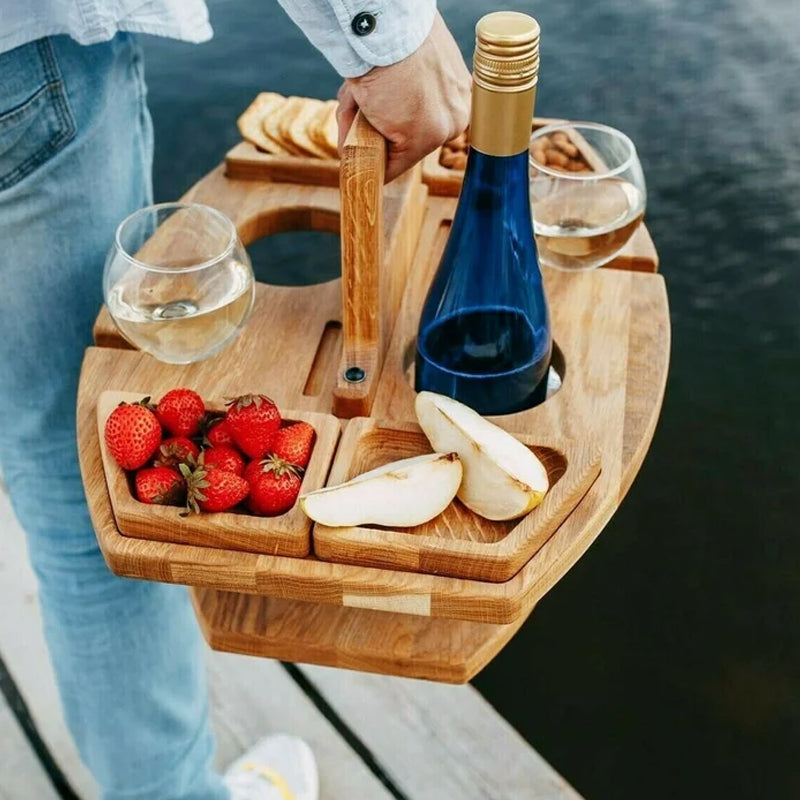 Trä Picknick Vin Bord med Snacks Brickor