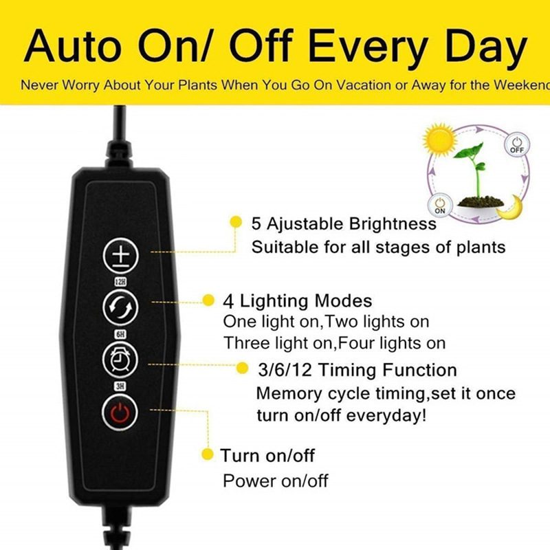 Växtbelysning med 4 flexibla armar och dimmerfunktion för inomhusträdgårdar