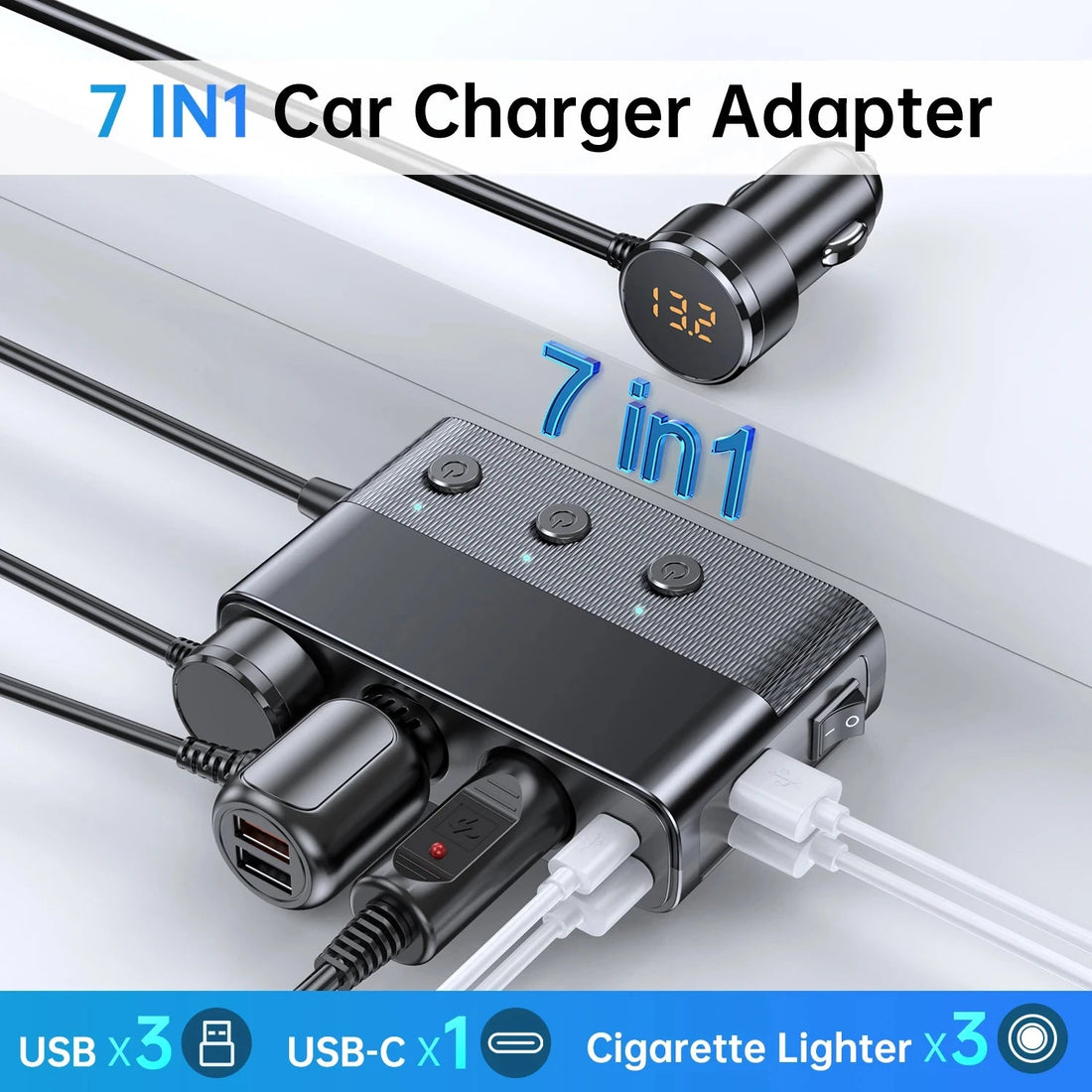 7-i-1 Bil Cigarette Tändar Adapter – 128W, USB &amp; Spänningsvisning