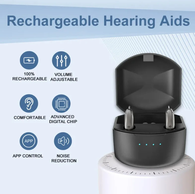 Laddningsbara Bluetooth-hörselapparater för seniorer med appkontroll och 4 ljudlägen