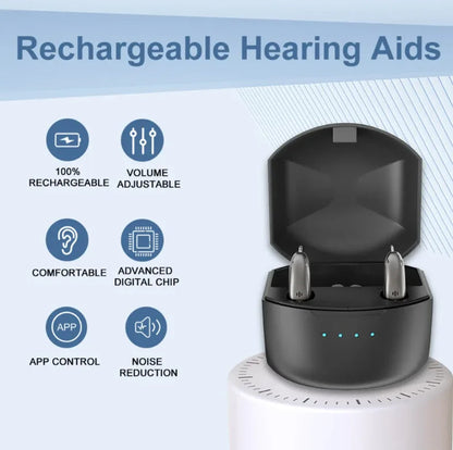 Laddningsbara Bluetooth-hörselapparater för seniorer med appkontroll och 4 ljudlägen