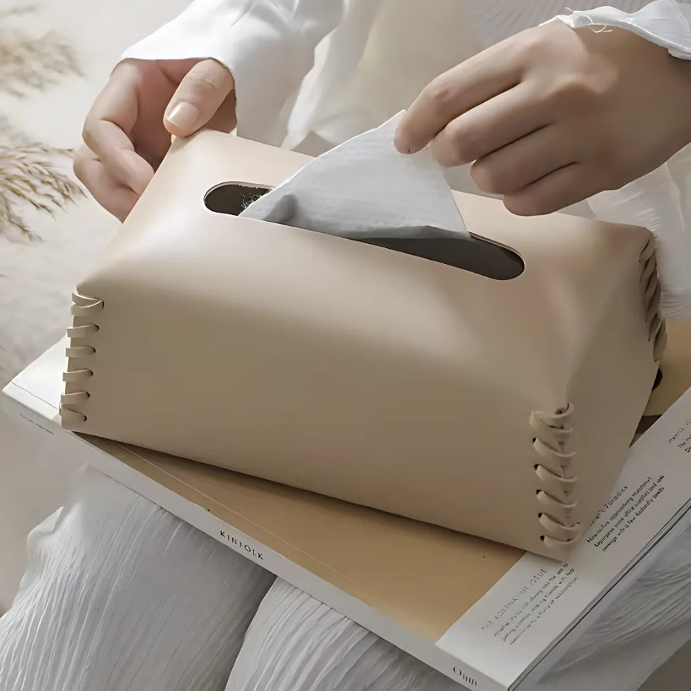 Sewn leather fabric box holder