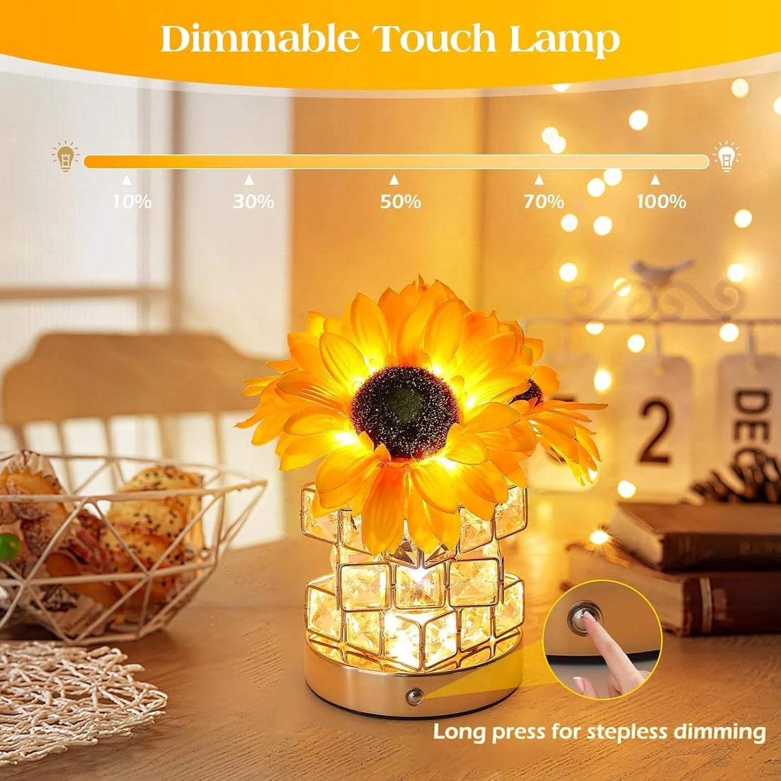 Solros Bordslampa, Glam Akryl Crystal Solros Touch Lampa med 54 LED-lampor, Gul och Klar/Genomskinlig, Sladdlös, Dimbar, Utomhusbruk