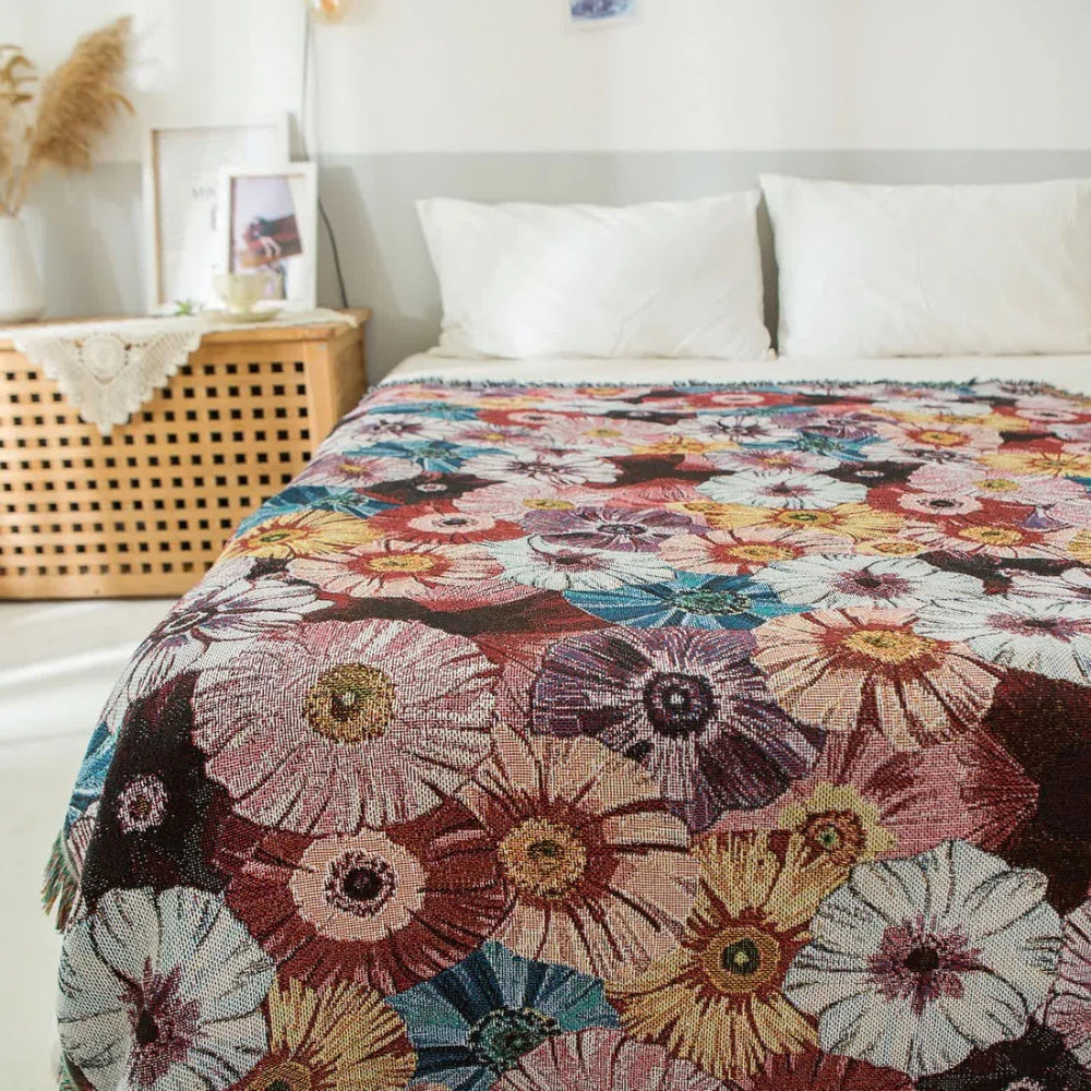 Vintage Flora Vävda Fransad Filt