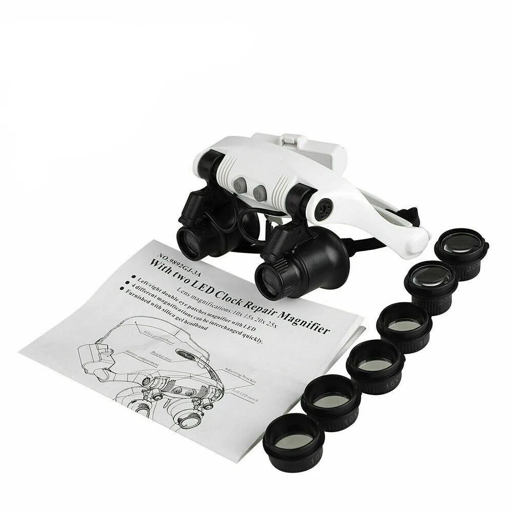 Huvudband Huvudförstorare 8 Linser LED Ljus Juvelerare Glasögon