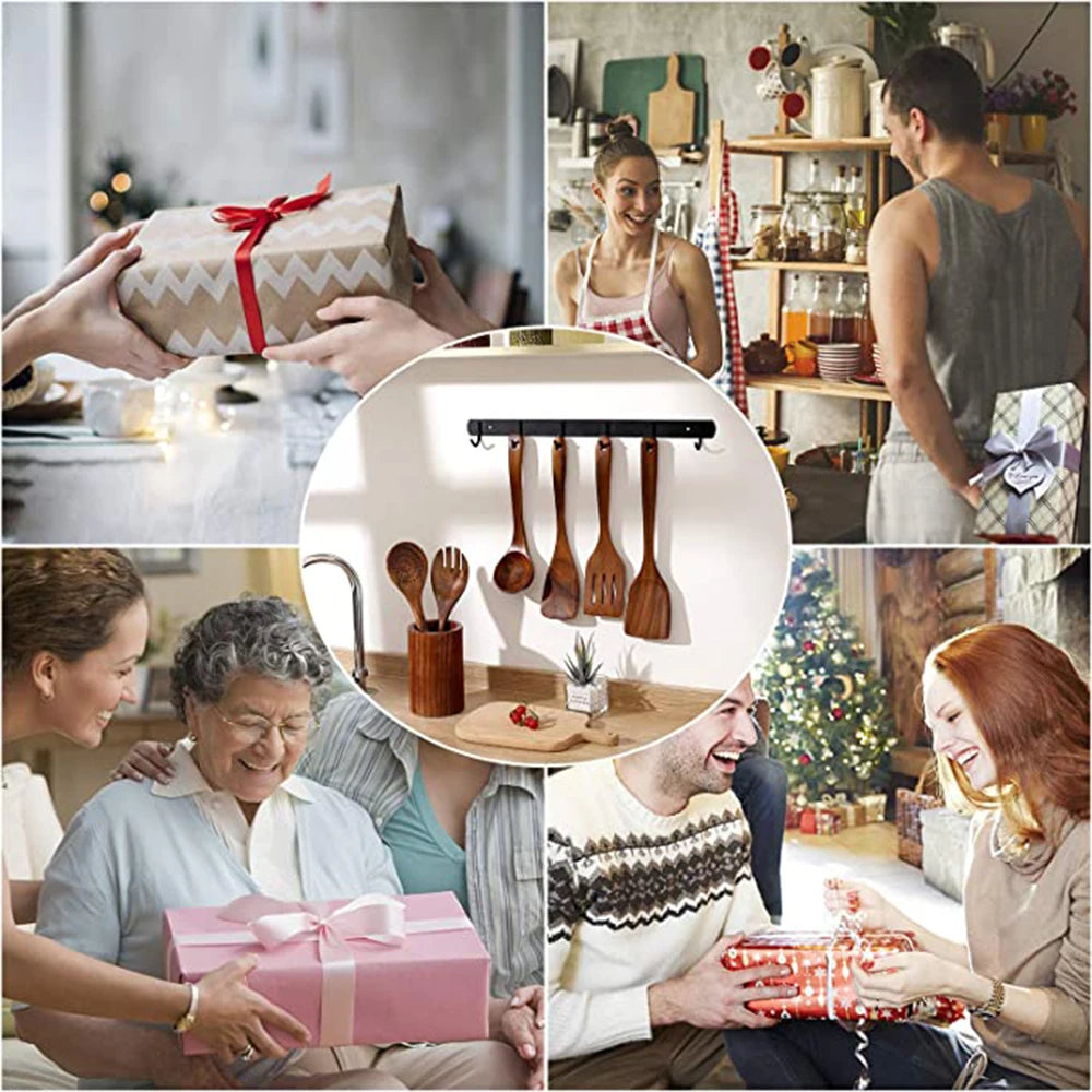 Premium naturlig teakträ köksredskap - miljövänliga, icke-giftiga matlagningsskedar, köksverktyg för hemmabruk varje dag