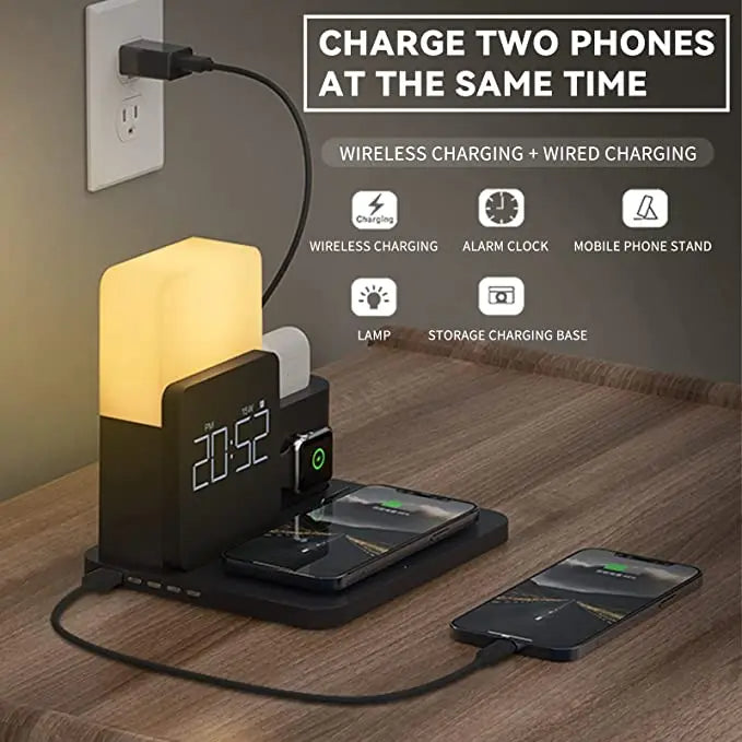 4 i 1 Snabb Trådlös Laddningsstation Väckarklocka med Lampa för Apple