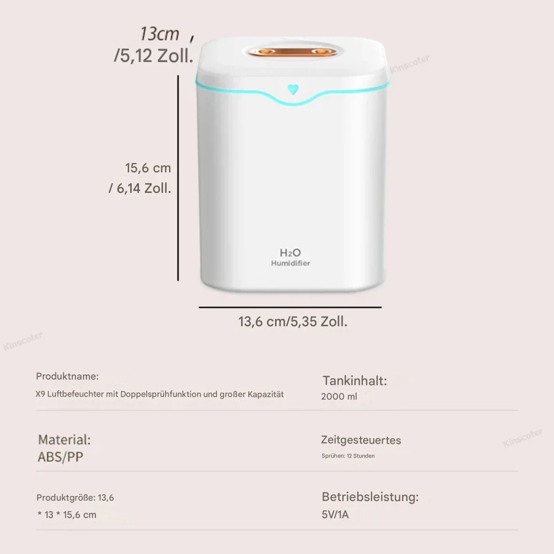 2L Ultrasonisk Luftrenare med Dubbel-Spray &amp; Nattljus – Rummets Luftrenare 2000ml
