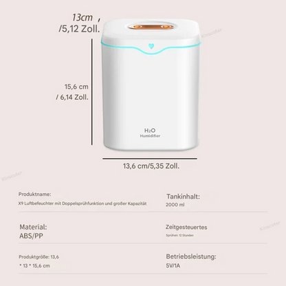 2L Ultrasonisk Luftrenare med Dubbel-Spray &amp; Nattljus – Rummets Luftrenare 2000ml