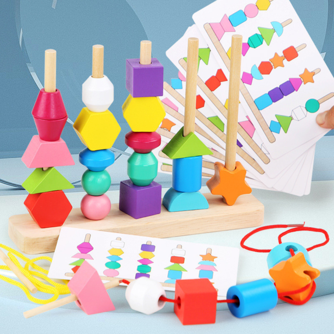 Trä Montessori färger och former trådningsleksak