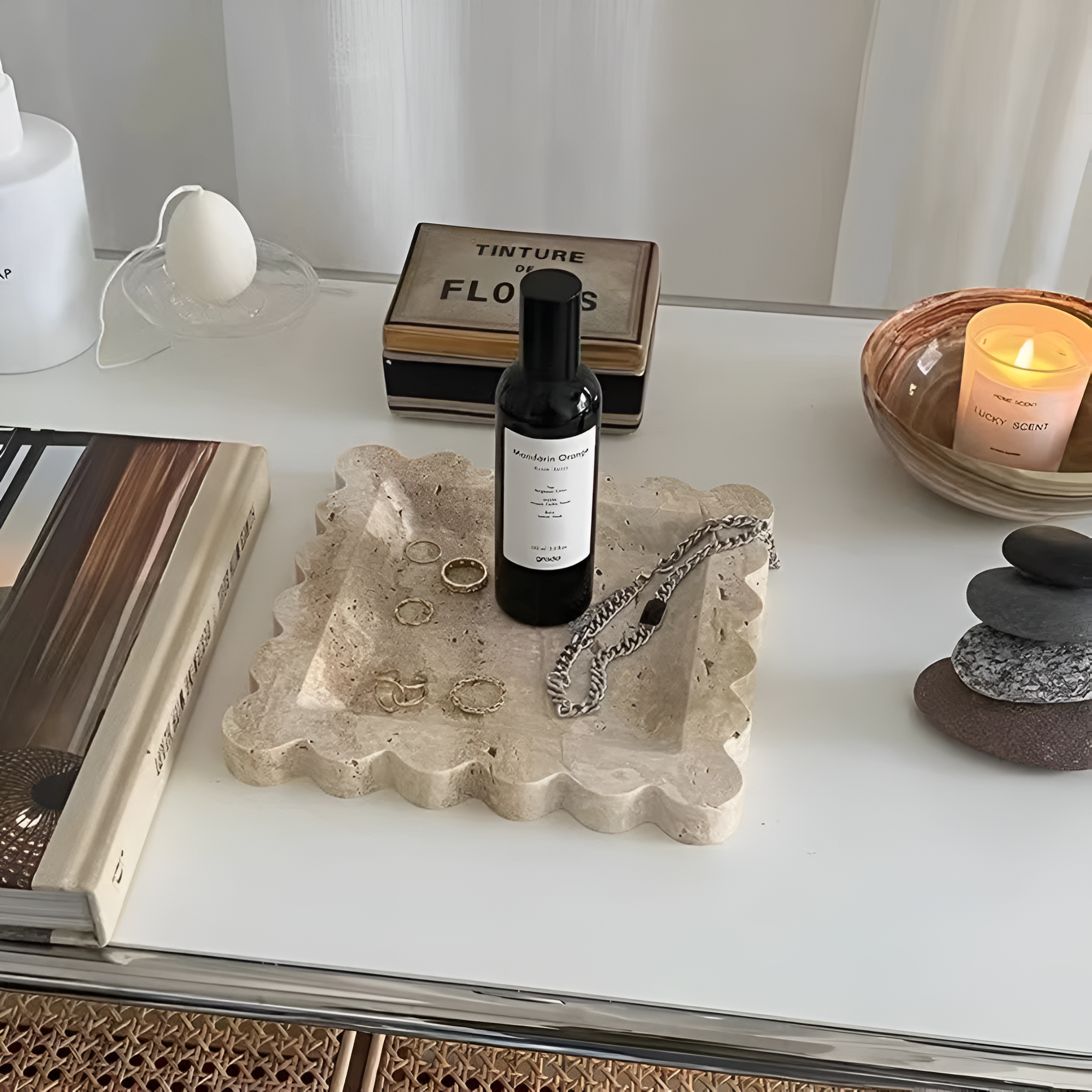 Scalloped Marble Travertine Jewelry Tray
