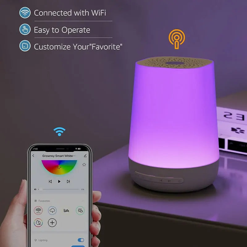 SleepHaven Pro – Smart Vit Brusmaskin med Appkontroll, Röstassistentintegration och Anpassad Belysning för Avkopplande Sömn