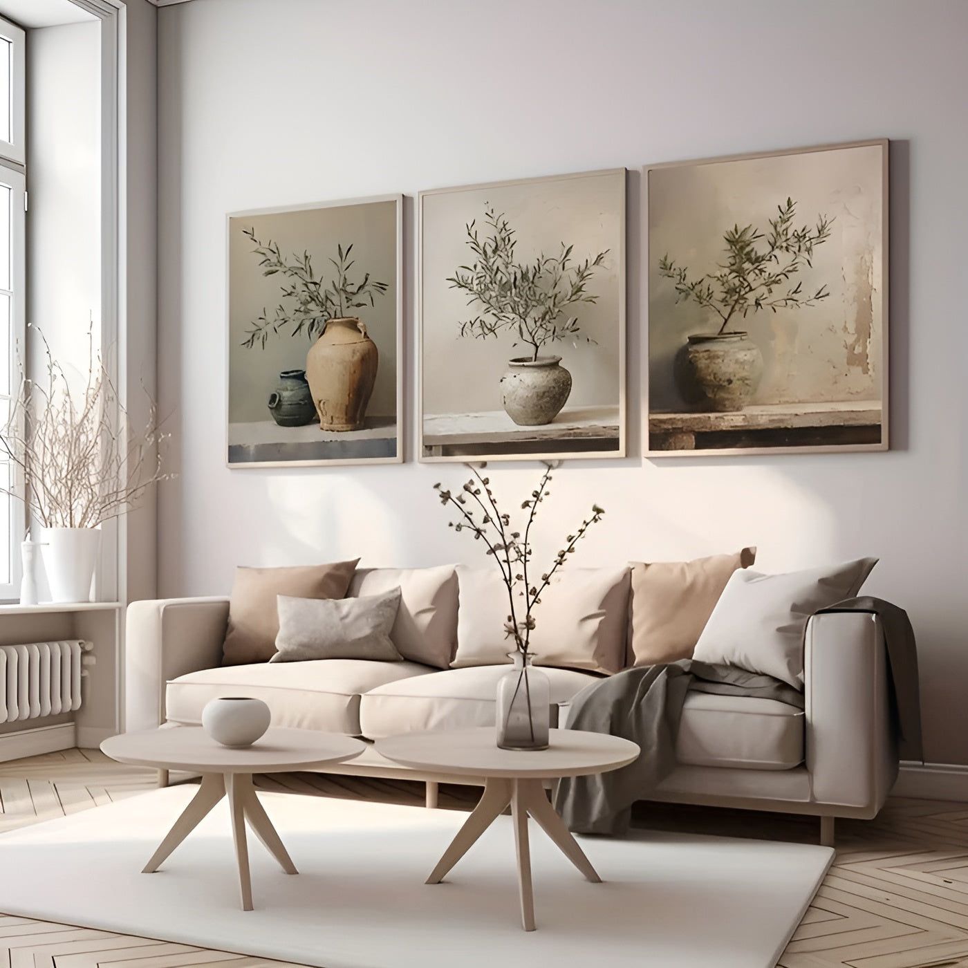 OliveVase Canvas Art - Vintage Minimalist 3-delad Botanisk Väggkonst