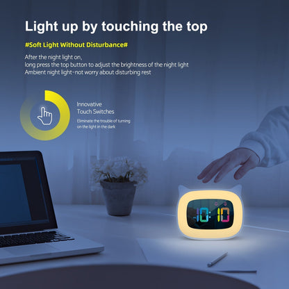 Söt Kattöra Väckarklocka – RGB Nattlampa med 18 Melodier och USB Laddningsbar