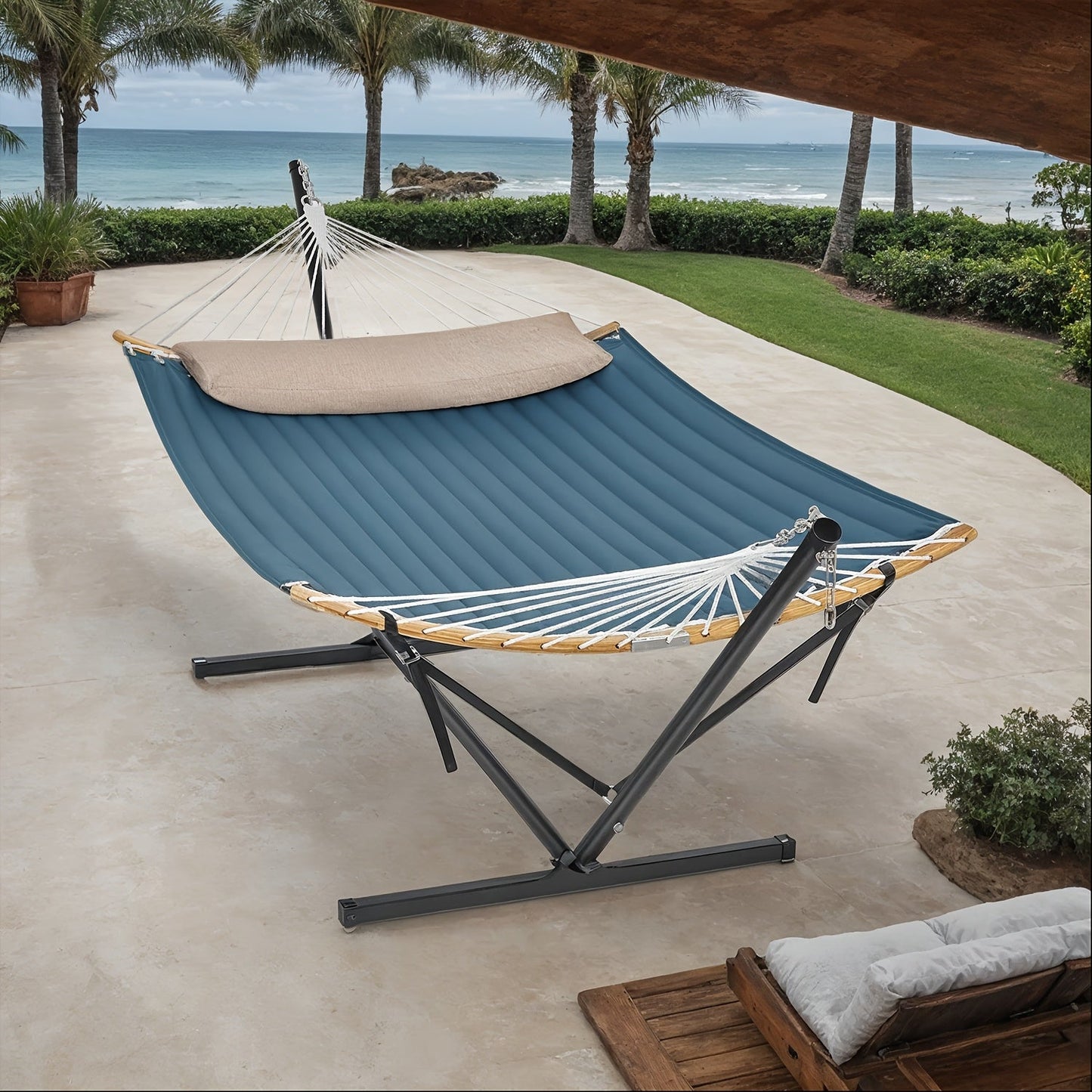 Carvallo-hängmatta RelaxBoo | Med bambus spridare & metallställning | Inkl. kudde | För trädgård & terrass