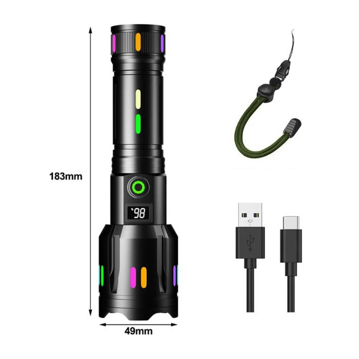 LED-ficklampa med strömdisplay – uppladdningsbar högpresterande ficklampa med glasbrytare och USB-C