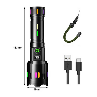 LED-ficklampa med strömdisplay – uppladdningsbar högpresterande ficklampa med glasbrytare och USB-C