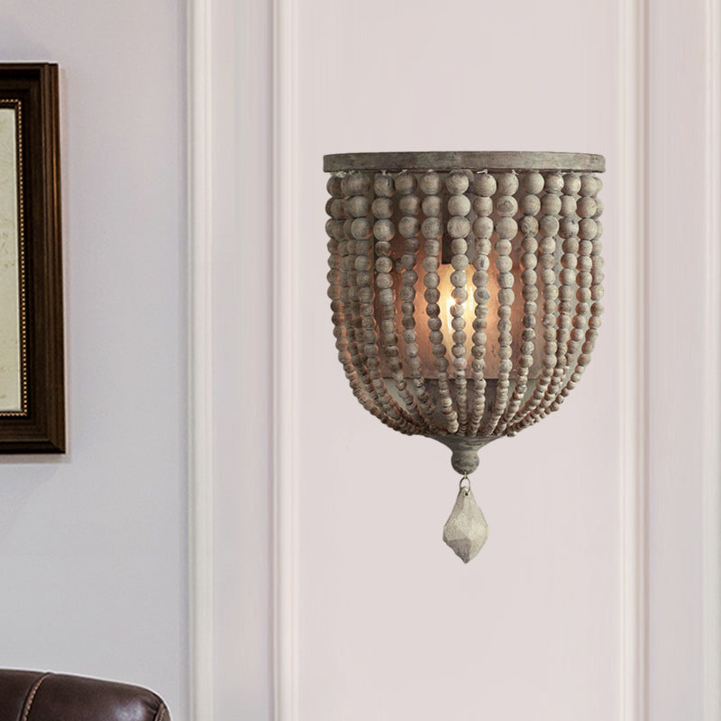 Rustik Bead Lampa - Trä Vägglampa med Gråa Kulor för Vardagsrum