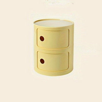 Sängbord med runda plastförvaringslådor