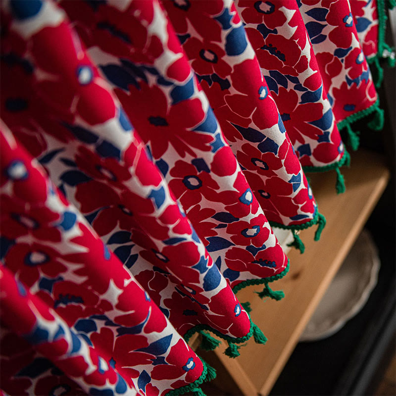 Röd blommig tryck fringed lager gardin i bomull linne