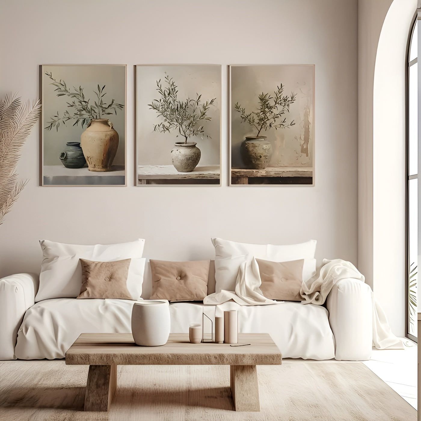 OliveVase Canvas Art - Vintage Minimalist 3-delad Botanisk Väggkonst