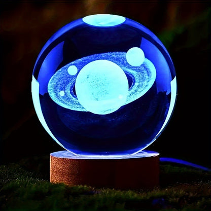 LumiSphere - 3D Kristallboll LED Nattlampa med Träbas