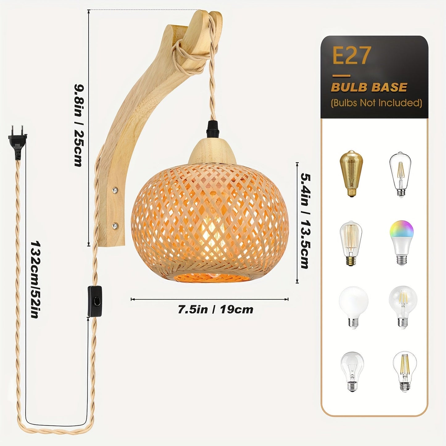 Rustik bambu vägglampa – vävd skärm med stickkontakt i vintage stil