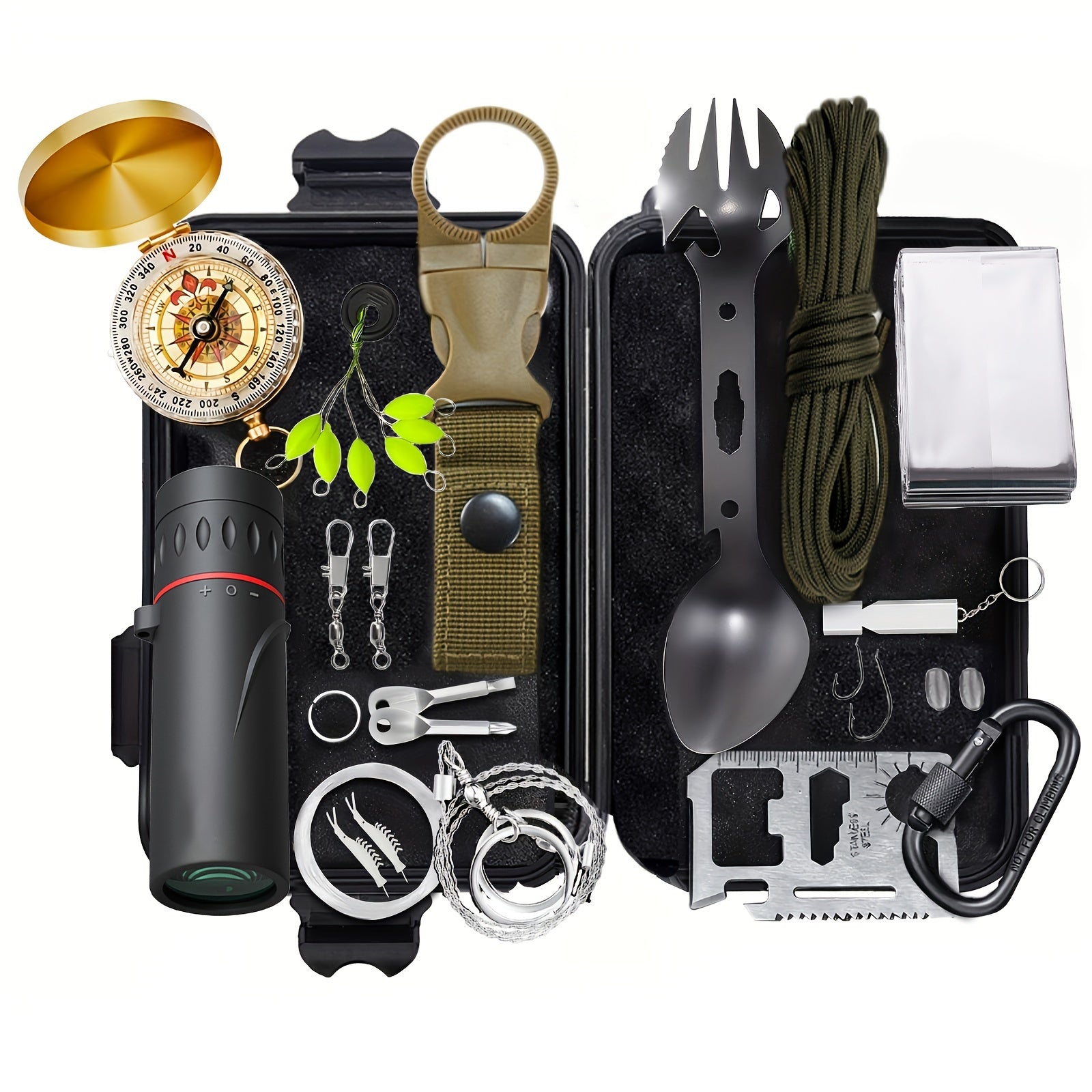 Carvallo Kit Trekvalor 14-in-1 | Kompakt &amp; Komplett | Utomhus &amp; Nödsats | Med kniv, kompass &amp; termofilt