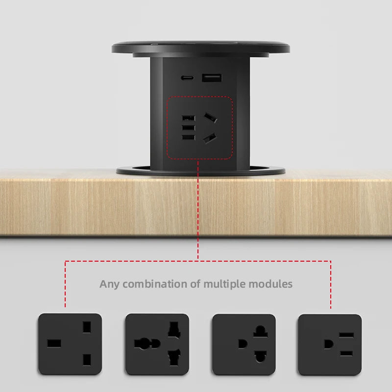 Automatisk Pop-Up Skrivbordsuttagstorn – Dold Strömkälla med USB-C, Trådlös Laddning & Globalt Pluggsupport