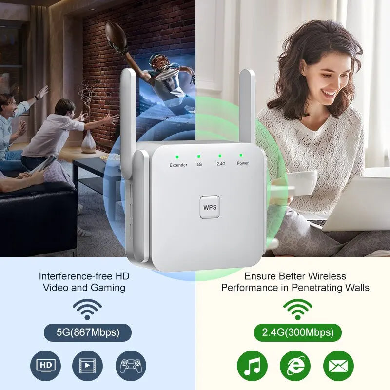 1200Mbps 5GHz Trådlös WiFi Extender | Öka ditt Internet med Dual-Band Repeater &amp; Brandvägg