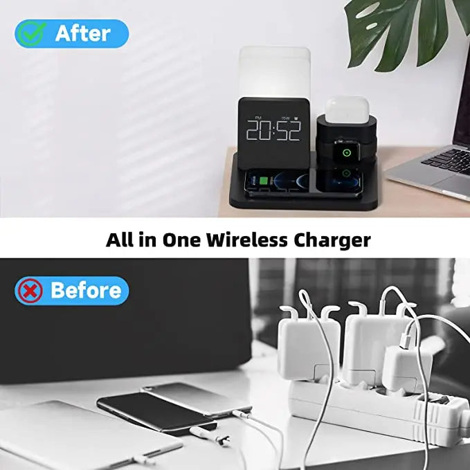 4 i 1 Snabb Trådlös Laddningsstation Väckarklocka med Lampa för Apple