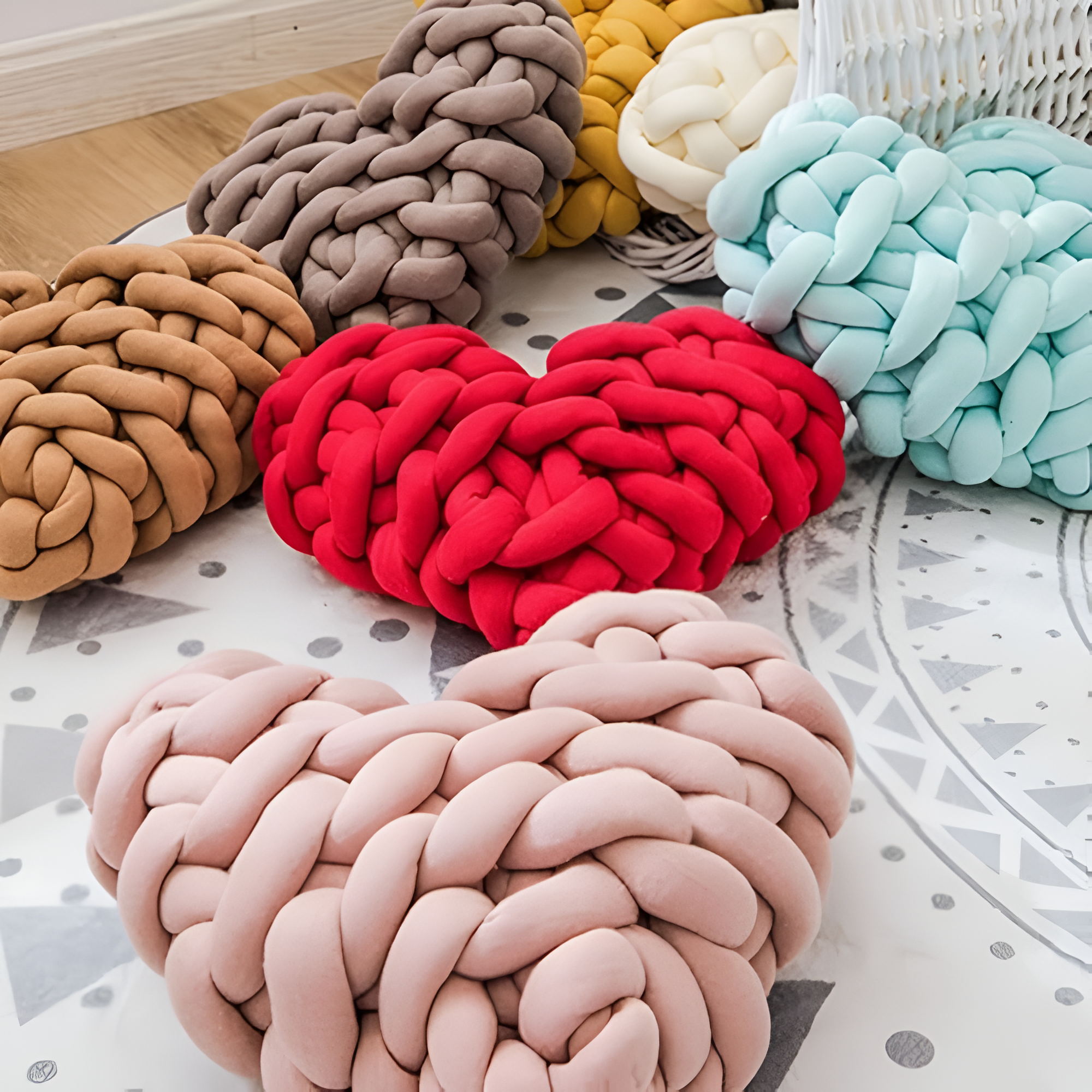 Plush knotted heart-shaped cushions
