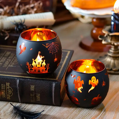 Halloween Kandlestake Set – 2-pack Glasdekoration med pumpa, spindel &amp; fladdermus