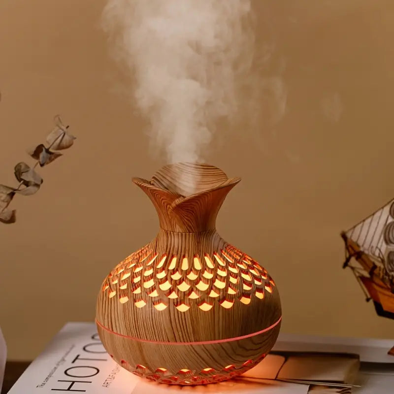 Aromaterapi-luftfuktare Med LED – Diffuser I Trälook &amp; Nattljus