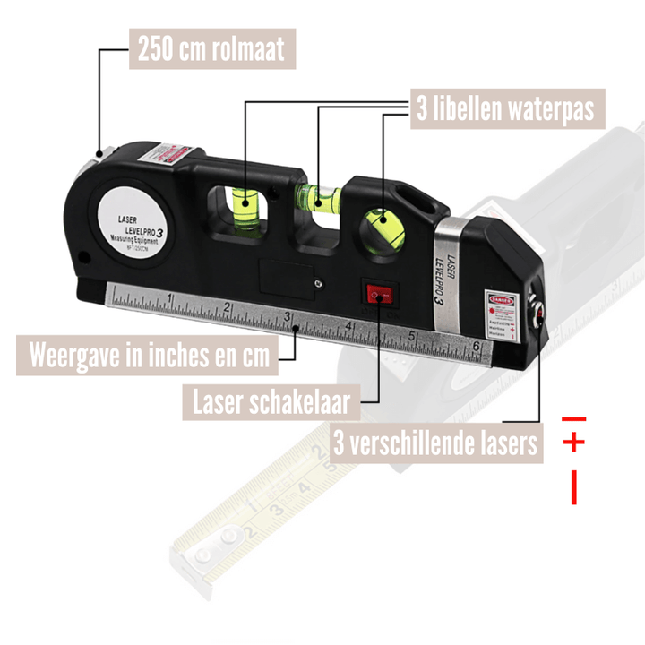 4-i-1 Laser-Mätningsverktyg - Laser-vattenpass, måttband, linjal och vattenpass