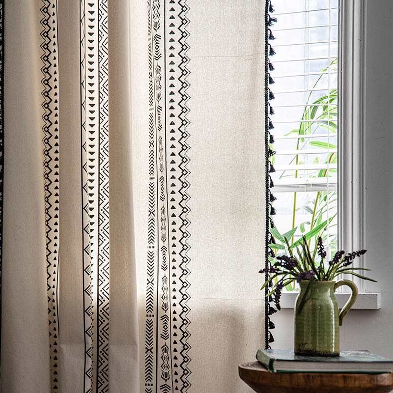 Geometrisk Fringe Gardin Semi Mörkläggande Draperier i Bomullsblandning