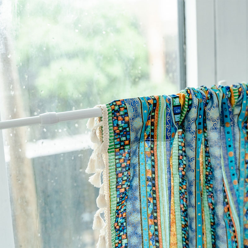 Färgglad Rutan Mönster Tofs Lager Gardin i Bomull Linne