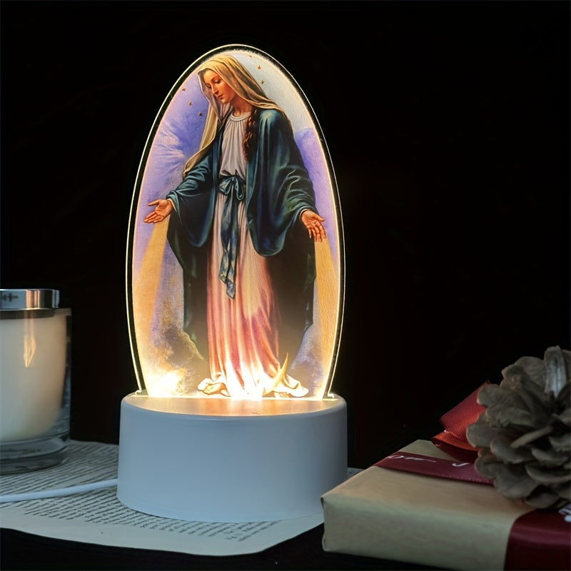 SacredGlow - Maagd Maria Nattlampa med LED Akrylram, USB-Strömförsörjning