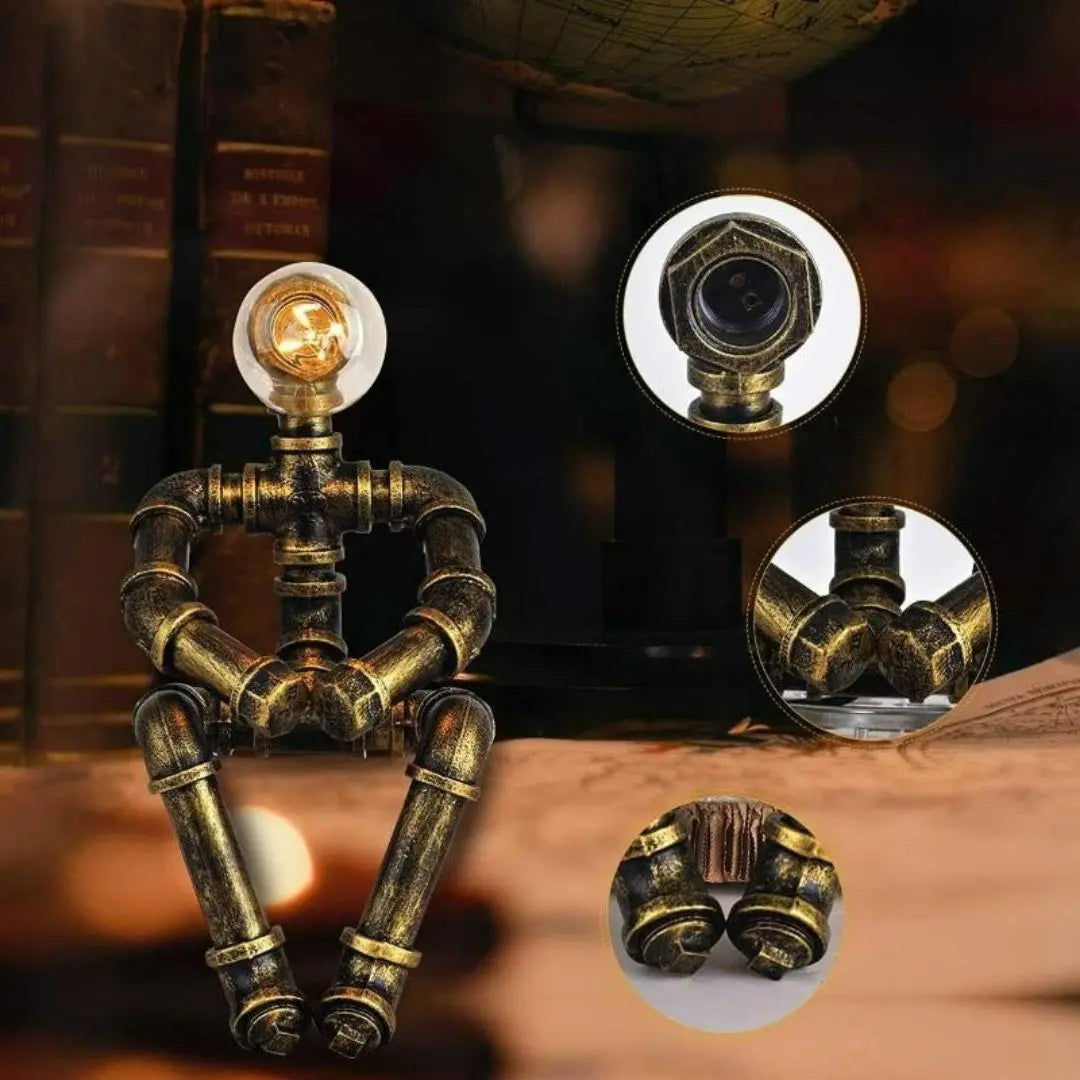 Royallure Steampunk Robot Pipe Table Lamp – Industriell Järnskulptur med E27-sockel