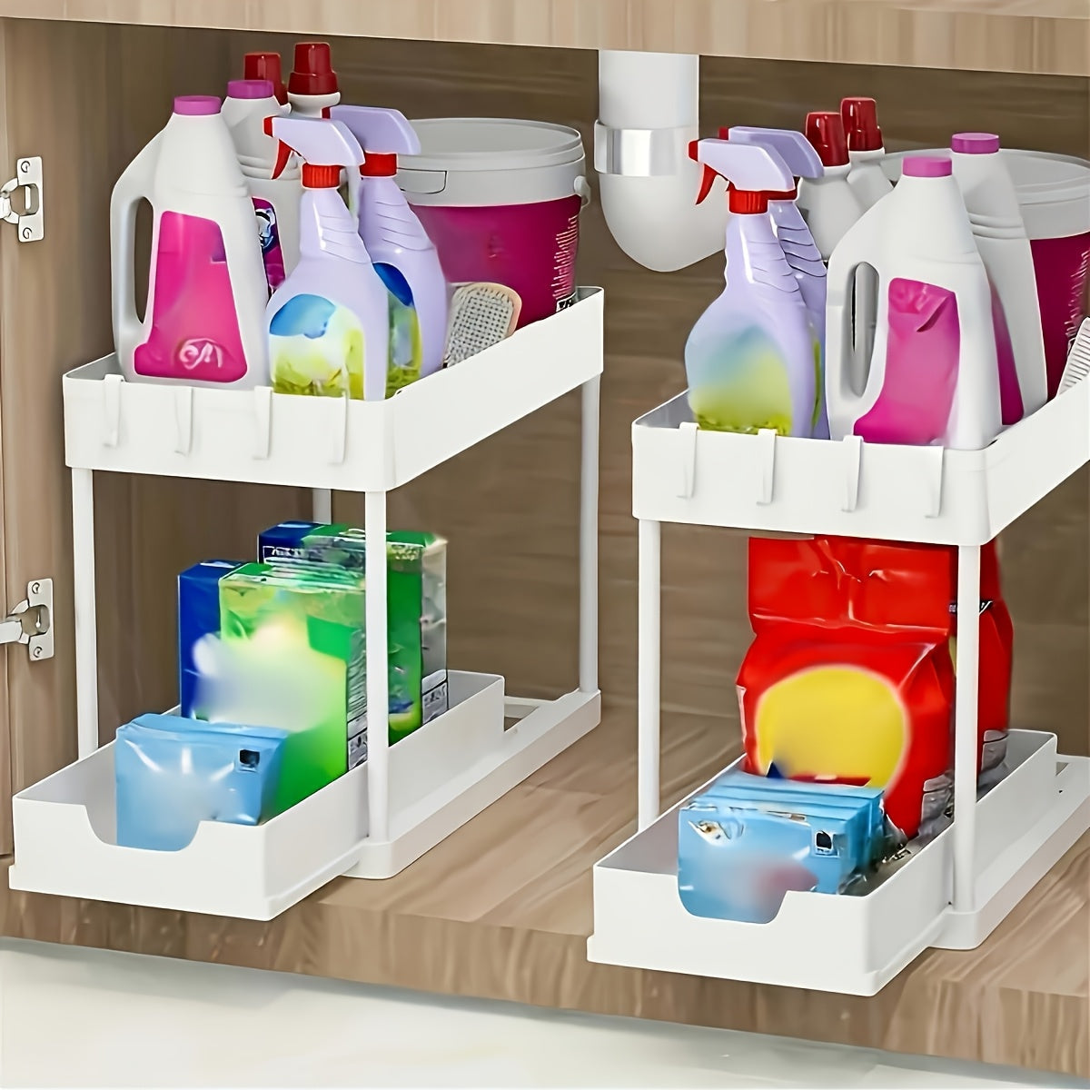 2-Tier Organizer med Krok och Kopp – Smart och Stabil Förvaringssystem för Under-Bänk eller Bänkytan