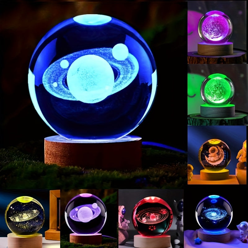 LumiSphere - 3D Kristallboll LED Nattlampa med Träbas