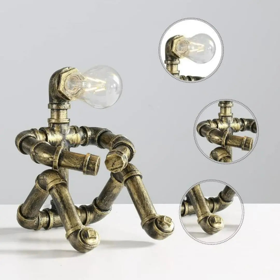 Royallure Steampunk Robot Pipe Table Lamp – Industriell Järnskulptur med E27-sockel
