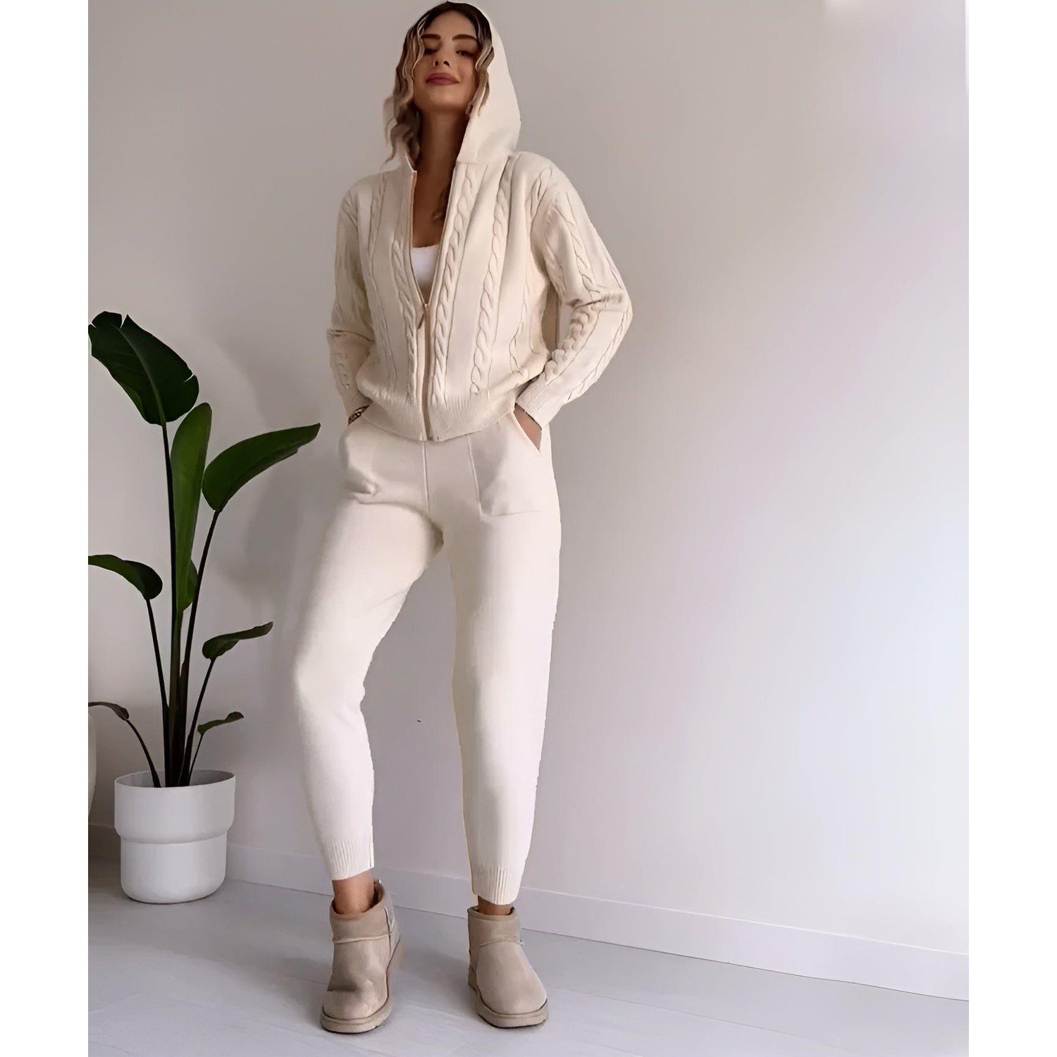 Millie Set - Stickad tvådelad hemmakostym för kvinnor (Mysig tröja + Byxor)